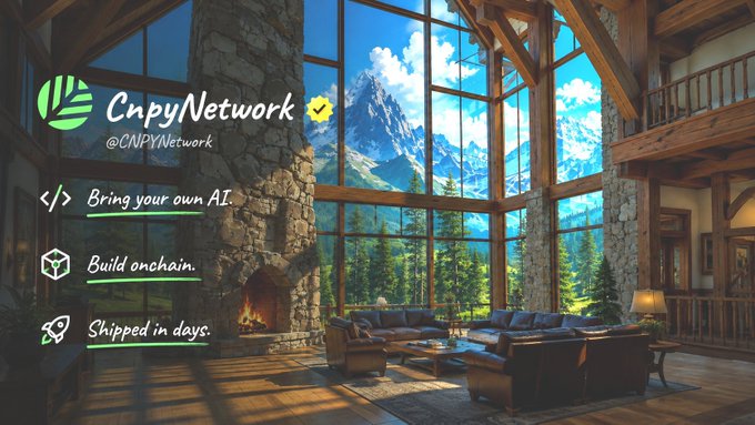 An advertisement for 'CnpyNetwork' (@CNPYNetwork) overlaid on an image of a luxurious mountain lodge with large windows; the text lists features: 'Bring your own AI', 'Build onchain', and 'Shipped in days'.