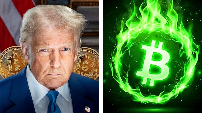 A split image featuring Donald Trump in a blue suit next to an American flag on the left, and a glowing green Bitcoin symbol surrounded by flames on a dark background on the right.