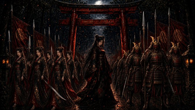 A dark, atmospheric digital artwork depicting a woman in elaborate red and black traditional attire standing before a red torii gate, flanked by female figures on the left and samurai warriors with spears and banners on the right.