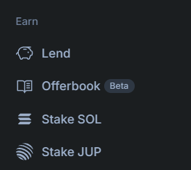 A screenshot of a mobile app menu with options including Earn, Lend, Offerbook (Beta), Stake SOL, and Stake JUP.