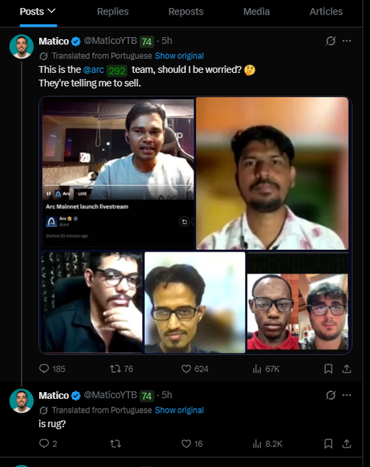 A tweet from Matico (@MaticoYTB) about the @arc_292 team livestream, jokingly asking if he should be worried they're telling him to sell, with the reply 'is rug?'