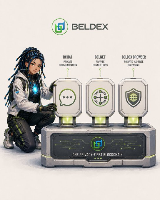 A character kneels beside three illuminated pods showcasing Beldex's privacy ecosystem: BChat for private communication, BelNet for private connections, and Beldex Browser for private, ad-free browsing—all powered by "ONE PRIVACY-FIRST BLOCKCHAIN."

The image visually maps the post's breakdown of Beldex's ecosystem, transforming each privacy-focused application into a distinct module resting on a unified blockchain foundation, reinforcing the message that multiple privacy tools are powered by one core technology.