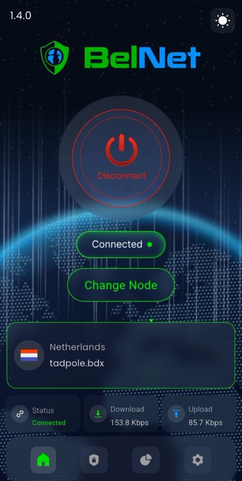 A screenshot of the BelNet VPN app showing a connected status to a Netherlands node (tadpole.bdx) with download speed of 153.8 Kbps and upload speed of 85.7 Kbps.