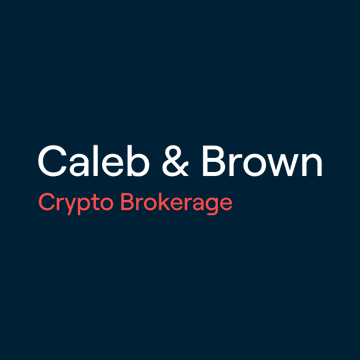 The image displays the Caleb & Brown logo with the tagline "Crypto Brokerage" in white and red text on a dark navy background. The branding supports the announcement of Caleb & Brown's partnership with Ripple to enhance USD withdrawal and settlement services for clients.