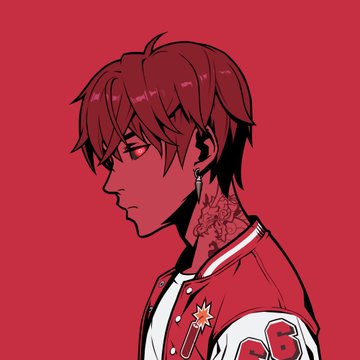 A red-toned anime illustration of a young man with brown hair in profile, wearing a varsity-style jacket with the number "6" visible and a star emblem, featuring a detailed dragon tattoo on his neck.