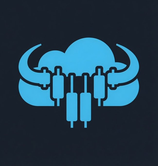 A blue cloud logo with a bull's head design featuring horns and what appears to be trading candlesticks hanging below it on a dark background.