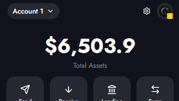 A cryptocurrency app dashboard showing Account 1 with Total Assets of $6,503.9, featuring navigation buttons for Send, Receive, Lending, and Swap.