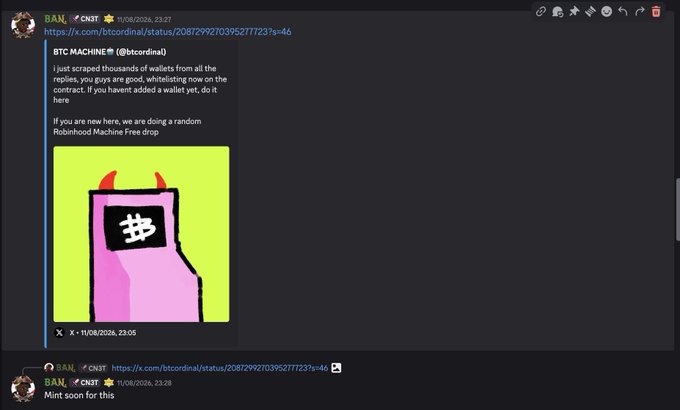 A Discord message screenshot from 'BTC MACHINE' (@btcordinal) announcing a free 'Robinhood Machine' drop, featuring a pink devil arcade machine illustration on a yellow background.