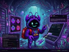 AI-generated illustration of a purple alien-like creature at a computer terminal with floating chat interface windows in a neon-lit sci-fi setting.
