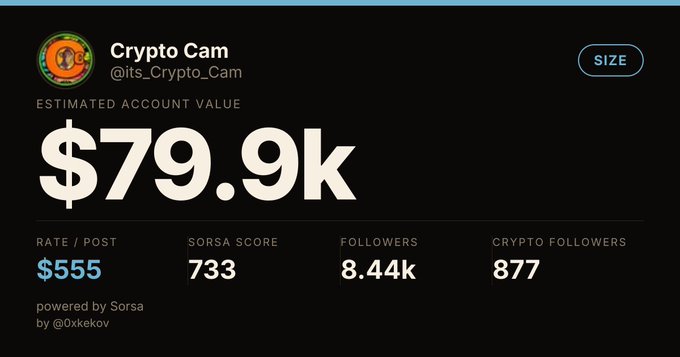 A profile card for 'Crypto Cam' (@its_Crypto_Cam) powered by Sorsa, displaying an estimated account value of '$79.9k', rate/post of $555, SORSA Score of 733, 8.44k followers, and 877 crypto followers.