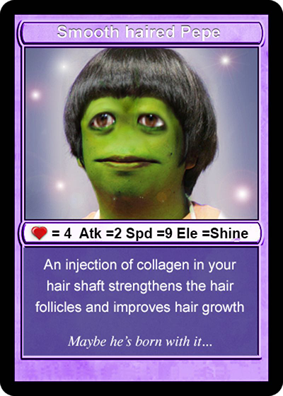 A trading card titled 'Smooth haired Pepe' featuring a green Pepe character with a bowl-cut hairstyle, displaying stats (❤️ =4, Atk=2, Spd=9, Ele=Shine) and a description about collagen injections for hair growth.