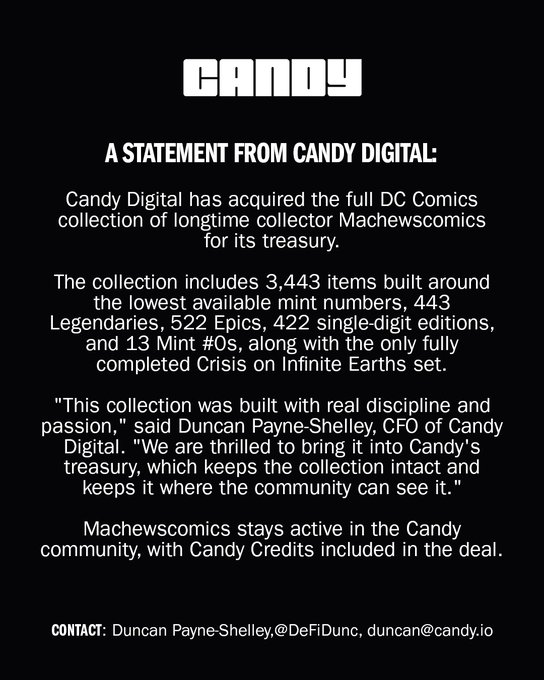 A statement from Candy Digital announcing the acquisition of Macheswscomics' full DC Comics collection, which includes 3,443 items such as 443 Legendaries, 522 Epics, and the only fully completed Crisis on Infinite Earths set.