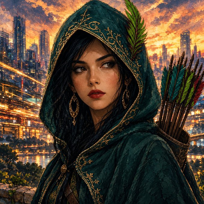 A detailed digital painting of a young woman wearing an emerald green hooded cloak with gold embroidery, carrying a quiver of arrows, with a fantasy cityscape and sunset in the background.