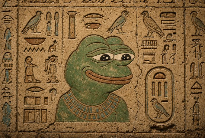 An ancient Egyptian-style relief carving featuring a large green frog figure adorned with a decorative collar, surrounded by hieroglyphic inscriptions and smaller figures on a tan stone surface.