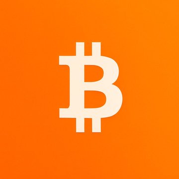 The Bitcoin logo, a stylized "B" with two vertical strokes, displayed in light cream color on a bright orange background.