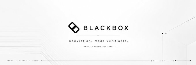 A minimalist graphic displaying the 'BLACKBOX' logo with the tagline 'Conviction, made verifiable.' and 'ONCHAIN THESIS RECEIPTS' below it.