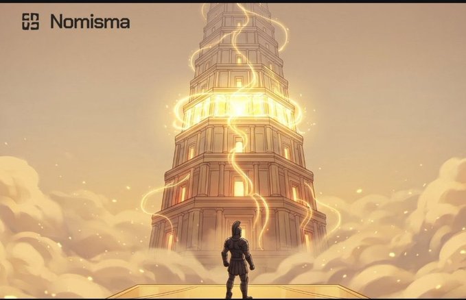 A digital illustration shows a small figure standing before a glowing, towering ziggurat-like structure with the text 'Nomisma' in the upper left.
