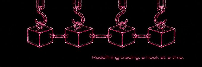 The image shows four neon pink cube-like blocks hanging from chains against a black background, each connected by a short chain, with the tagline "Redefining trading, a hook at a time." at the bottom. The visual metaphor of hanging hooks and chained blocks reinforces the post's emphasis on $WTH's attention-grabbing branding and its positioning as a fresh, community-driven token building momentum on Robinhood Chain.