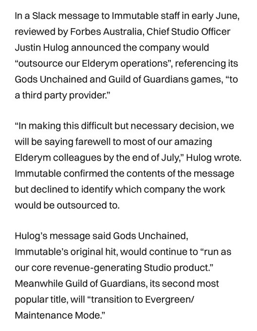The image shows an article posted on social media by a user named Huog, which discusses the release of a new game called "Gods Unchained" that has been released by the company "Godds Unchained". The post also mentions that the game is available for download and that it is in a "Maintenance Mode", indicating that the game is ready to be played.