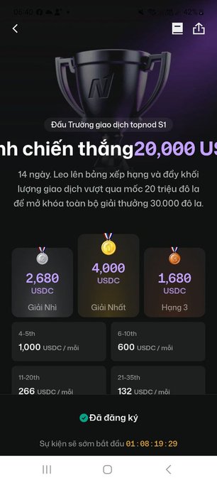 The image shows a promotional screenshot for "Topnod S1 Trading Arena," a 14-day trading competition with a total prize pool of 30,000 USD, featuring tiered rewards from 4,000 USDC for first place down to 132 USDC for ranks 21-35, with a countdown timer at the bottom. This aligns with the post's mention of participating in Topnod's trading competition with a 30,000 prize pool, though the image displays a different reward distribution than the 20,000 figure mentioned in the caption.