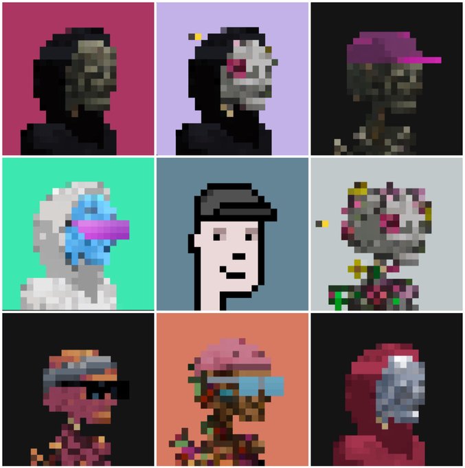 A 3x3 grid of pixel art character portraits with various solid color backgrounds, featuring stylized figures with helmets, caps, and visors in a retro video game style.