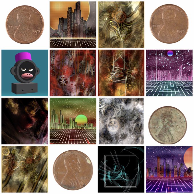 A 4x4 collage featuring pennies, a cartoon character with a purple hat, and various stylized cityscape and abstract images in warm tones.