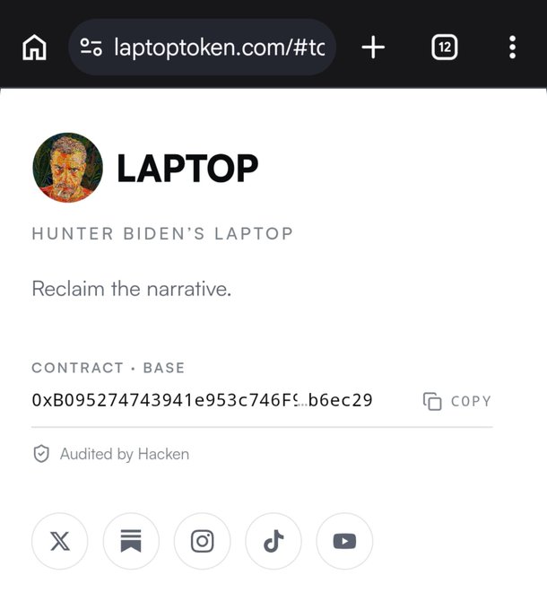 A screenshot of the official $LAPTOP token website at laptoptoken.com displays the project name "LAPTOP" alongside the subtitle "HUNTER BIDEN'S LAPTOP" and tagline "Reclaim the narrative," with a Base contract address (0xB095274743941e953c746F...b6ec29) and a "COPY" button. The image supports the post by providing verifiable details—the official website and contract address—to confirm the legitimacy of the $LAPTOP token amid scam accusations from commenters.