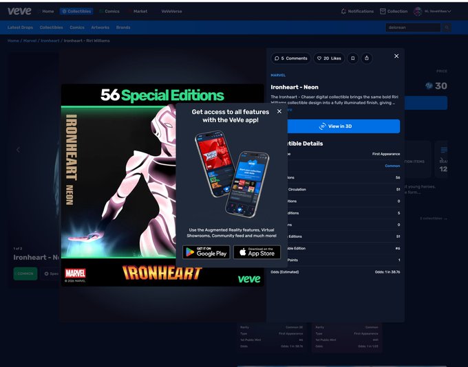 A VeVe digital collectible marketplace page showing an 'Ironheart - Neon' Marvel item priced at 30, with a popup advertising app access and 56 special editions.