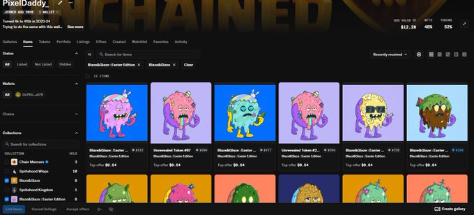 An OpenSea NFT collection page for "Blaze&Glaze" displays various colorful, cartoonish monster-themed digital artworks with floor prices ranging around $0.04, while the user highlights their purchase of 6 Blaze&Glaze Easter Edition NFTs at an average of $45 each.