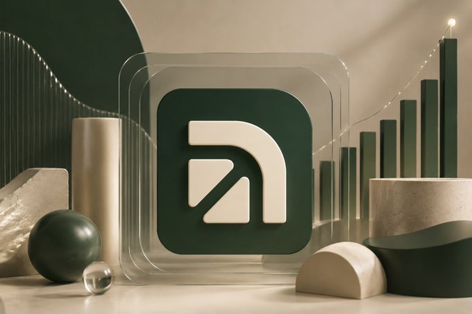 A 3D abstract geometric composition featuring a dark green app icon with a white stylized 'A' logo, displayed within transparent layered frames alongside decorative elements like spheres, cylinders, and a stylized bar chart with a glowing trend line.