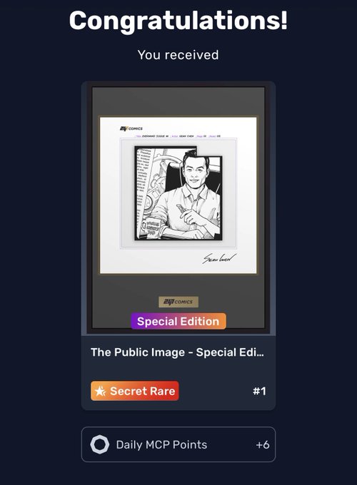 A "Congratulations" screen from Veve shows the user received a Secret Rare Special Edition digital collectible titled "The Public Image," featuring a black-and-white illustrated portrait and signed by Steve Lieber, along with +6 Daily MCP Points. This relates to the giveaway post by displaying the prize being offered in the contest.