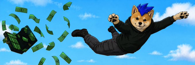 An anime-style illustration of a dog with blue hair in a black outfit skydiving while a briefcase full of dollar bills bursts open behind them.