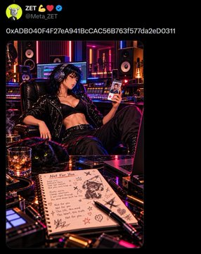 A NFT titled 'ZET' by artist @MitsZone features an anime-style woman in a dark outfit reclining in a neon-lit music studio with a notebook and pen in the foreground, displaying the token ID 0xADB040F4F276A941BcCAC58B763f577da2e0D0311.