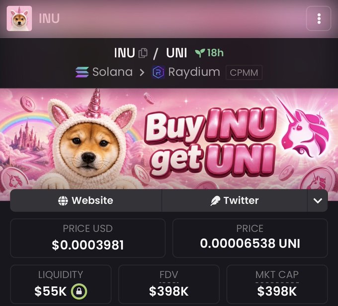 A cryptocurrency trading interface displays the token 'INU / UNI' on the 'Solana > Raydium CPMM' exchange with a banner reading 'Buy INU get UNI'; the price is listed as $0.0003981 with a market cap of $398K.