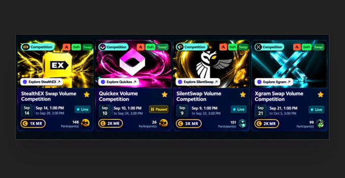A screen showing four crypto trading competition cards: StealthEX Swap, Quickex, SilentSwap, and Xgram Swap volume competitions with prize pools of 1K, 2K, 3K, and 2K MR respectively, and participant counts.