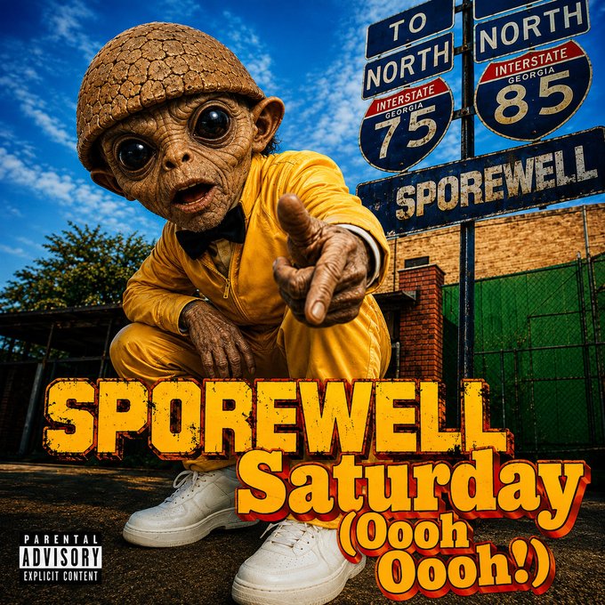 An album cover titled 'SPOREWELL Saturday (Oooh Oooh!)' featuring a yellow-suited character with a cork-like head in front of road signs for I-75, I-85, and 'SPOREWELL,' marked with a Parental Advisory label.