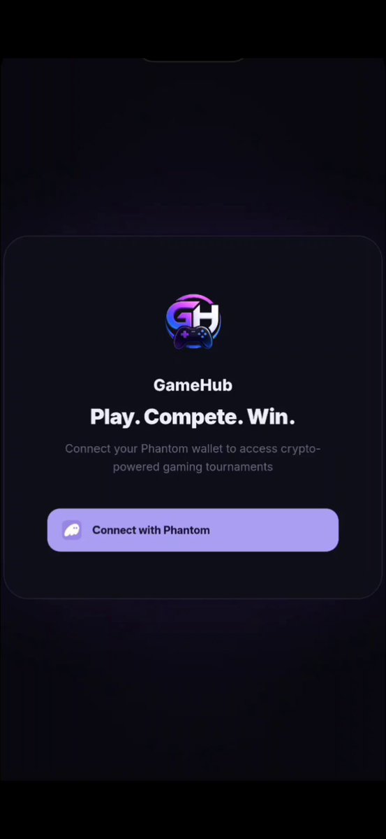 The image shows a cell phone screen displaying a game hub app called "GameHub" that connects users to a multiplayer game called "Phantom". The app allows players to connect with other gamers, play together, compete against each other, and even make transactions using cryptocurrency. The app's interface features a purple button labeled "Connect with Phantom", which is the main focus of the image.