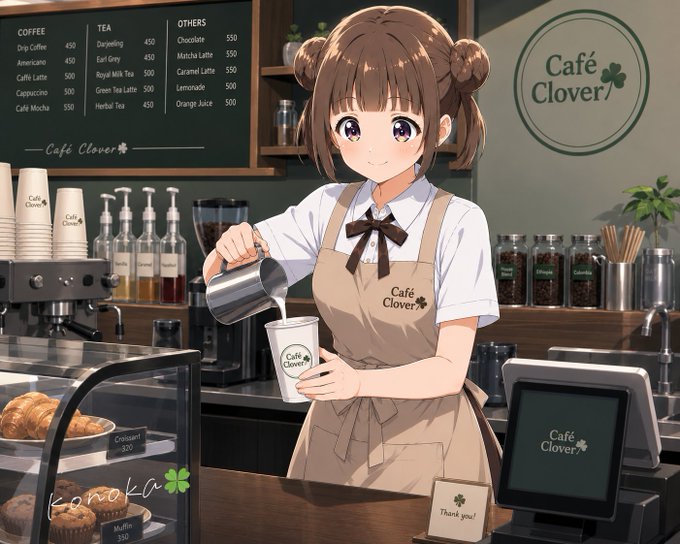An anime-style illustration of a barista at 'Café Clover' pouring milk into a cup, with a menu showing coffee, tea, and other items, plus pastries in the display case.