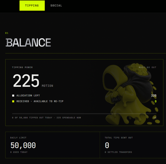 A dashboard for $MOTION (motion.tips) showing a tipping power balance of 225, with a daily limit of 50,000, 0 tips sent out, and 8 of 50,000 already tipped out today, illustrating the earning opportunity described in the post for users to receive credited balance by replying with a number between 500-3000.