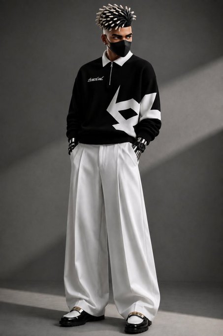 A fashion model with spiky dreadlocks wears a black and white oversized sweater, wide-leg white trousers, a face mask, and chunky black loafers with gold chain details.