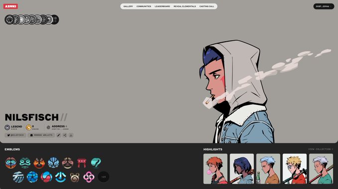 A screenshot of the NILSFISCH NFT profile from the ApeCoin website, showing a profile picture of a character smoking, badges, emblems, and a 'New Collection' of anime-style male characters.