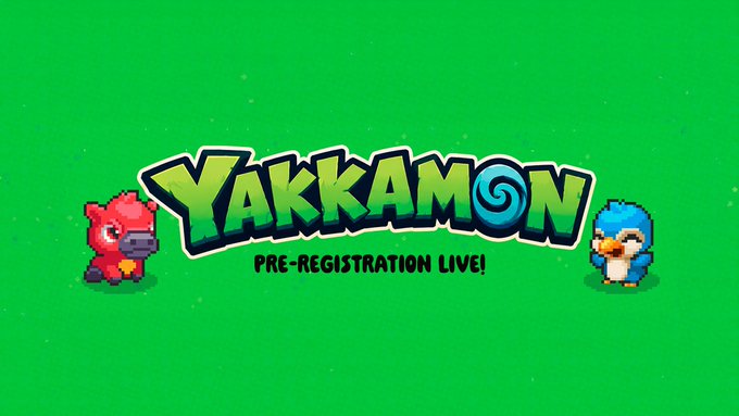 A vibrant green promotional banner for the mobile game 'Yakkamon' announcing 'Pre-Registration Live!' flanked by pixel-art red and blue monster characters.