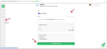 Screenshot of the Umia Finance deposit page showing a request for test funds of 0.0001 MON, with a wallet address field and a green "Request tokens" button, illustrating the first step to access the platform's onchain venture creation features.