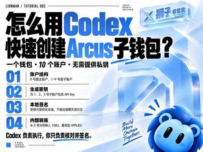 The image is a Chinese-language promotional graphic titled "怎么用 Codex 快速创建 Arcus 子钱包？" (How to Use Codex to Quickly Create Arcus Sub-Wallets?), featuring a four-step tutorial that explains how to set up the Arcus wallet structure (0号是主账户，1-9号是子账户), generate API keys for accounts 1, 2, and 3, locally sign keys without exposing chat logs, and transfer funds from account 0 into sub-accounts (from 0.1 to 100U, viewable on APPLIED), alongside an Arcus-branded lion mascot and the slogan "Build More Onchain Together."
