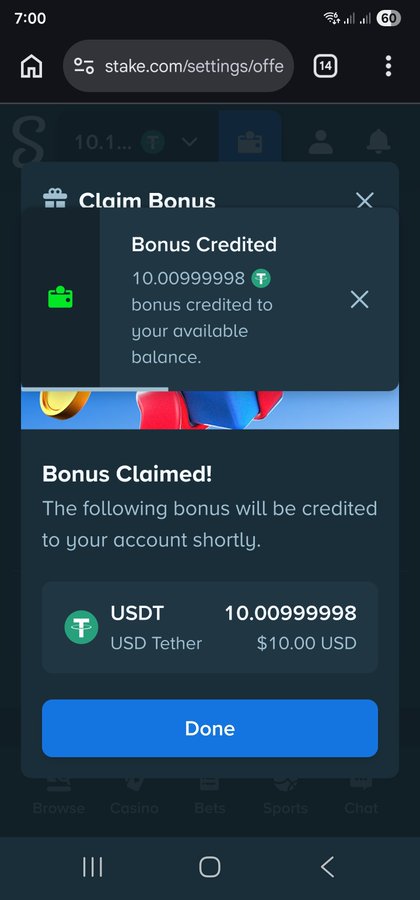 A mobile screenshot from stake.com showing a 'Bonus Claimed!' notification crediting 10.00999998 USDT ($10.00 USD) to the account.