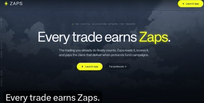 A screenshot of the Zaps website promoting 'THE CAPITAL ALLOCATION NETWORK FOR TRADERS' with the headline 'Every trade earns Zaps.' and a yellow 'Launch app' button.