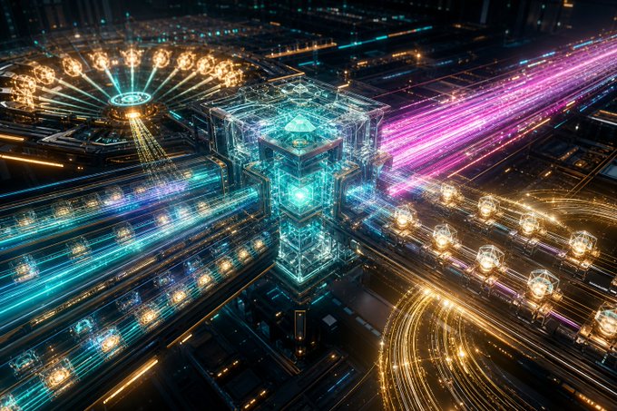 A futuristic digital artwork depicting a glowing cyan geometric tower or data structure connected by streams of light and data nodes across a dark circuit-like landscape.
