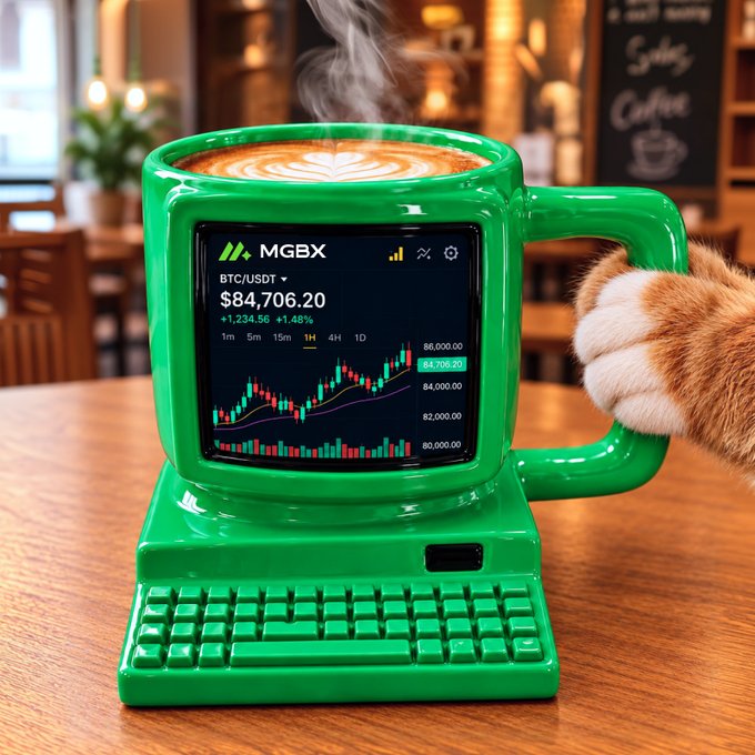 A whimsical 3D render shows a green computer monitor-shaped mug filled with steaming coffee, displaying BTC/USDT price at $84,706.20 with a +1.48% gain on a candlestick interface, with a cat's paw resting on the handle.