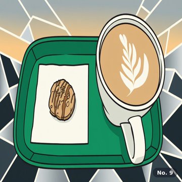 An illustrated green tray displays a latte with leaf latte art and a cookie on a napkin, with "No. 9" in the corner, accompanying a post about minting an NFT badge on the XRPL featuring a photo of an Irish latte taken on a Sunday.