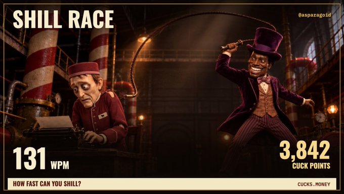 A stylized graphic titled 'SHILL RACE' showing a bellhop-type character and a man with a whip in a purple suit, displaying '131 WPM' and '3,842 CUCK POINTS' with the handle '@asparagio'.